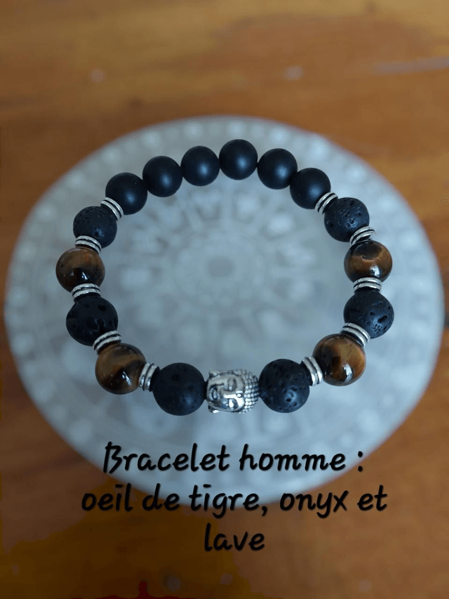 Bracelet pour homme : Oeil de tigre, Onyx et lave