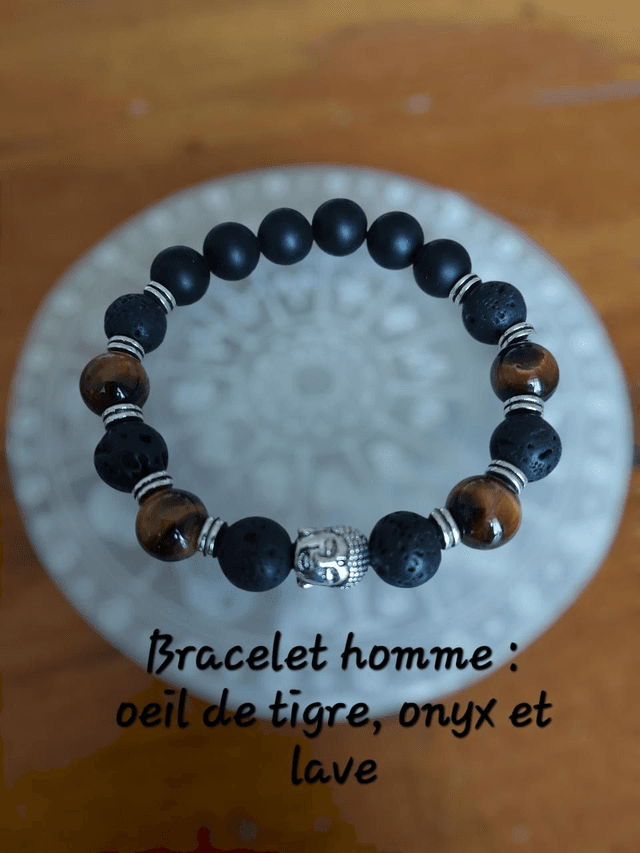 Bracelet pour homme : Oeil de tigre, Onyx et lave